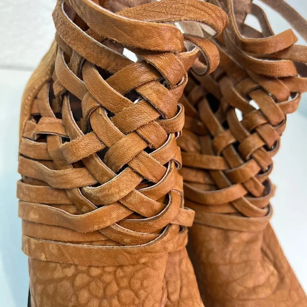 Free People Womens Carrera Braided Woven Leather Boot EU 39 Vintage Tan Distress